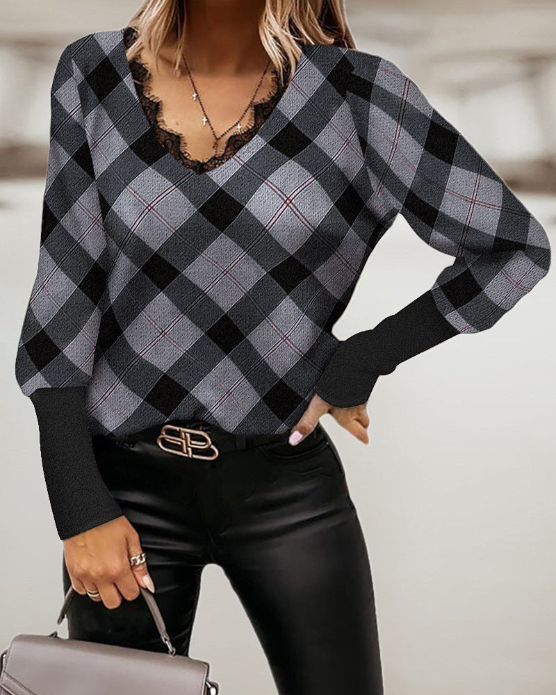 Loose Long Sleeved Pullover V Neck Check Print Blouse
