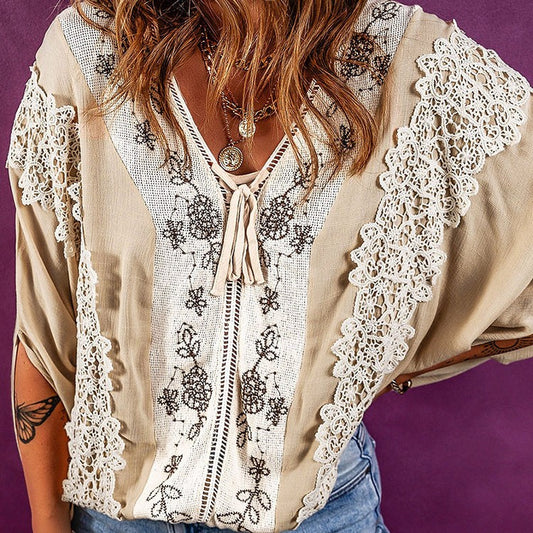 Shiying Early Autumn Thin Lace Patchwork Chiffon Shirt Casual Loose Contrast Pullover