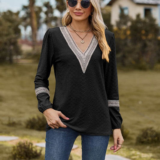 Lace V-neck Patchwork Long Sleeve Loose-fitting T-shirt Top