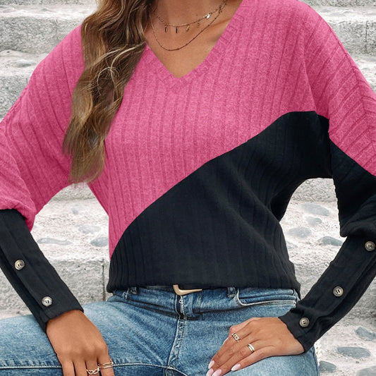 Long Sleeve V-collar Contrast Color Slimming Top