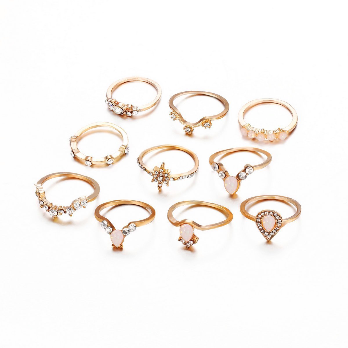 10 Piece Opal Created Ring Set With Austrian Crystals 18K Gold Plated Ring ITALY Design